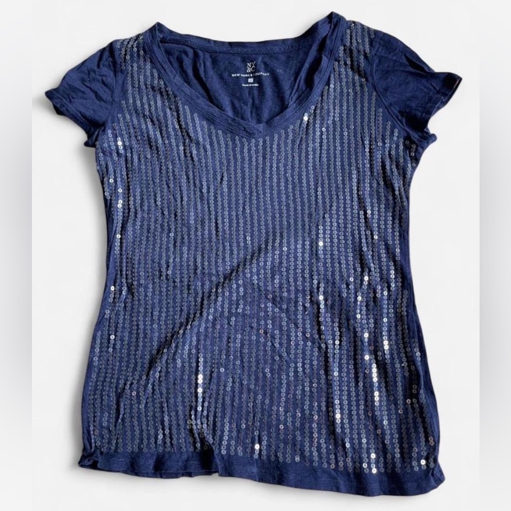 New York & Company Dark Blue Sequin Tee